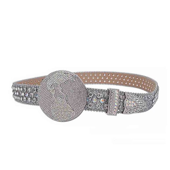 Globe Style World Buckle Silver White Strap With White  Multi Studded Rhinestone - Picture 3 of 5